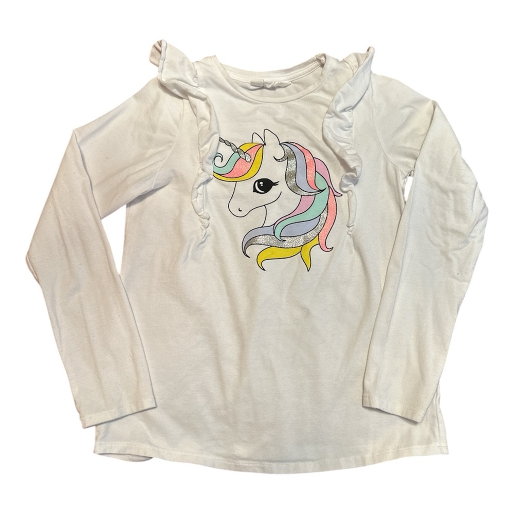 Girls Ruffle Cotton Long Sleeve Tee with Unicorn Graphic